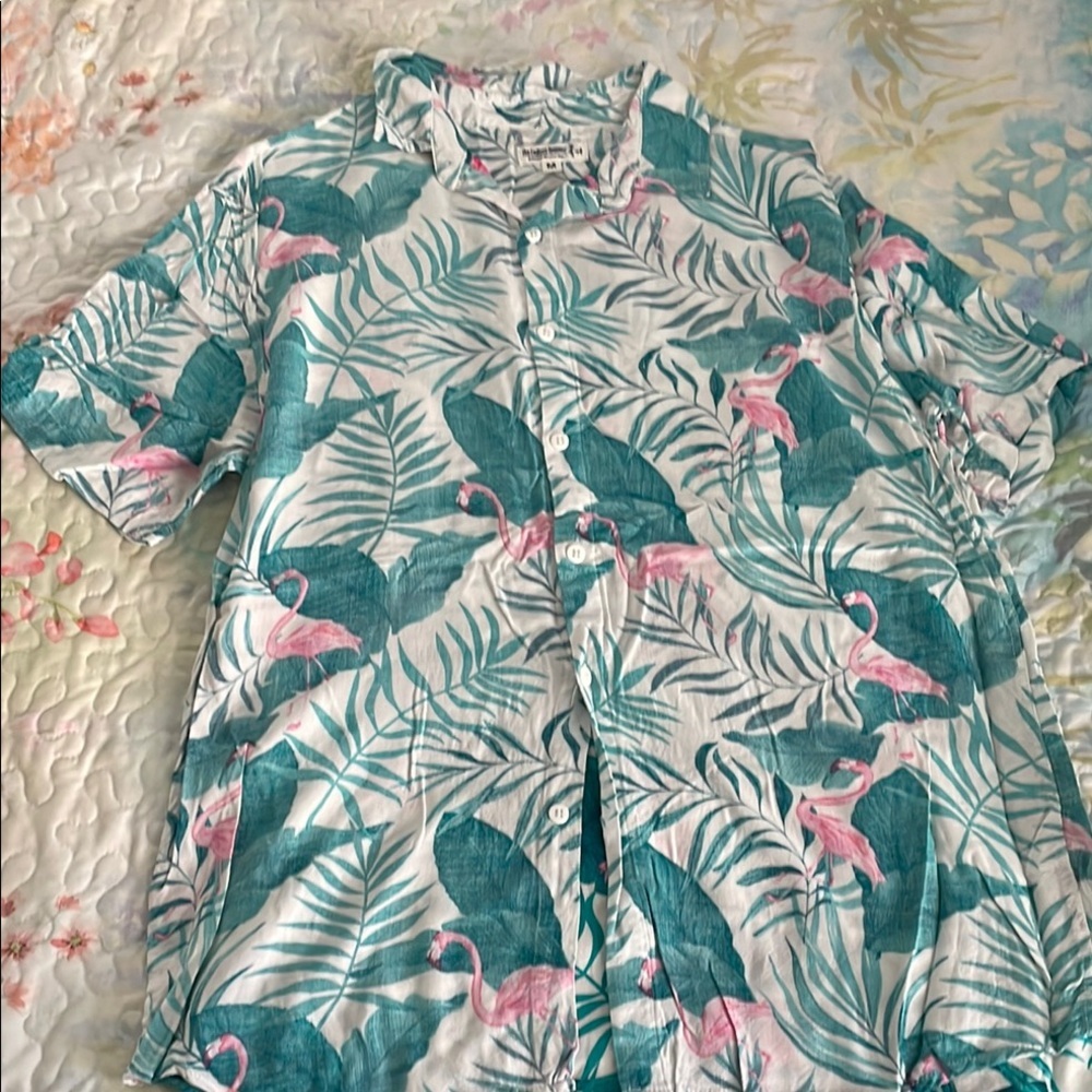 Flamingo vintage Pink and Green Casual Button Down Shirt